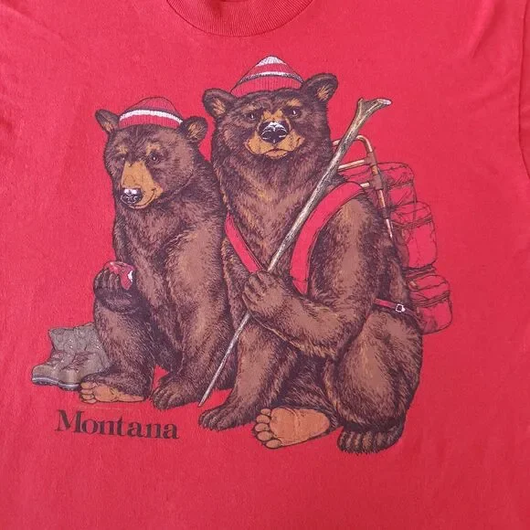 Vintage Shirt XL Unisex Screen Stars 1986 Red Montana Camping Bears T-shirt - Picture 6 of 10